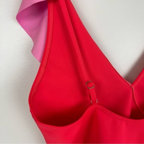 Asos river island frill assymetric swimsuit in neon barbie pink and coral - Picture 5 of 16